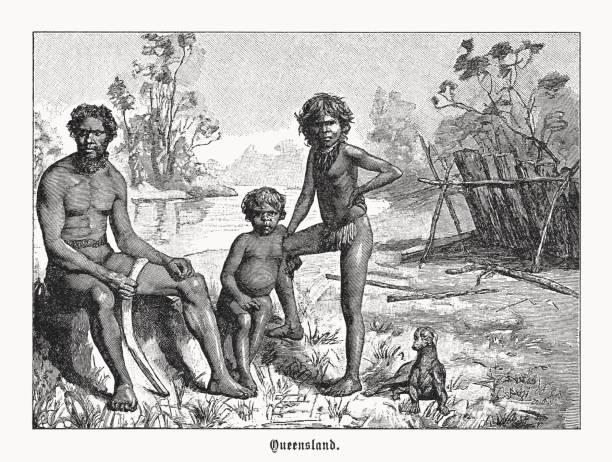 australijscy aborygeni w queensland, drzeworyt, opublikowany w 1899 roku - aboriginal stock illustrations
