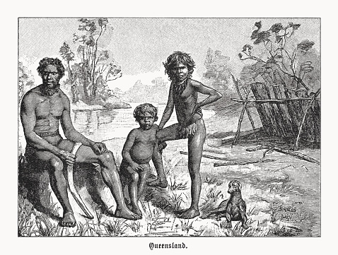 Australian aborigines in Queensland. Wood engraving, published in 1899.