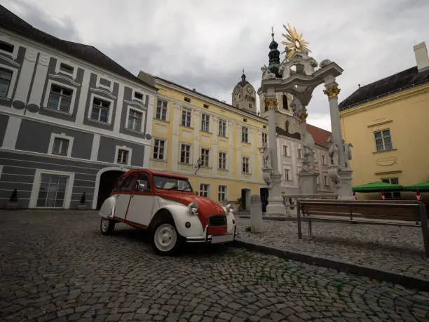 Colorful old town historic architecture buildings facade oldtimer classic vintage antique car automobile in Krems an der Donau Danube river, Waldviertel Lower Austria Europe