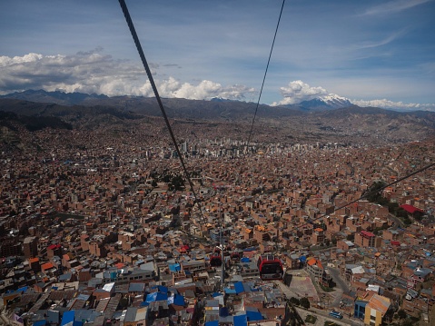 Panorama cityscape landscape of La Paz urban city metropolis Teleferico cable car gondola Bolivia South America