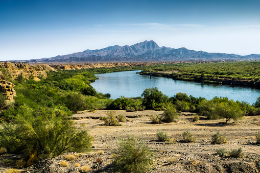 The Colorado River at the California and Arizona state line in Blythe, California.