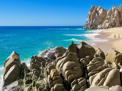 Amazing landscape with cliff, wild beach and turquoise water in Algarve, Portugal. Sunny day