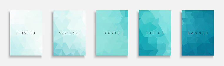 Collection of vector blue bright polygonal templates, posters, placards, brochures, banners, flyers, backgrounds and etc. Contemporary turquoise abstract covers - geometric vibrant design.