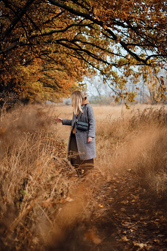 Girl walks in the autumn park. Beautiful autumn landscape, fall foliage. Outdoor activities. Autumn walk in nature. Enjoy the weather and fresh air. Travel and exploration