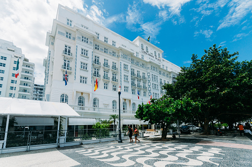 Rio de Janeiro, Brazil - January 30, 30, 2023: Facade of the iconic Copacabana Palace Hotel in Copacabana, Rio de Janeiro, Brazil
