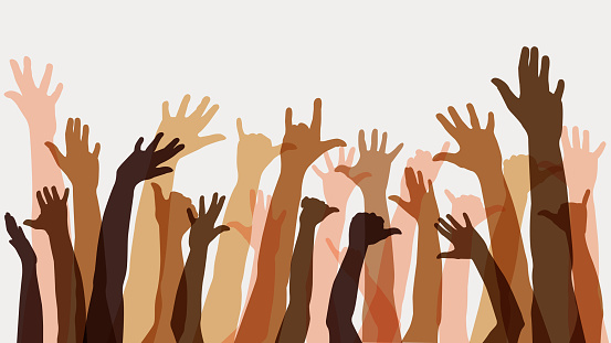 Raised transparent diverse arms of a crowd on a white background.