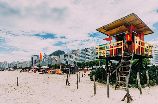 Rio de Janeiro, Brazil - January 30, 2023: Lifeguard rescue tower in Copacabana Beach