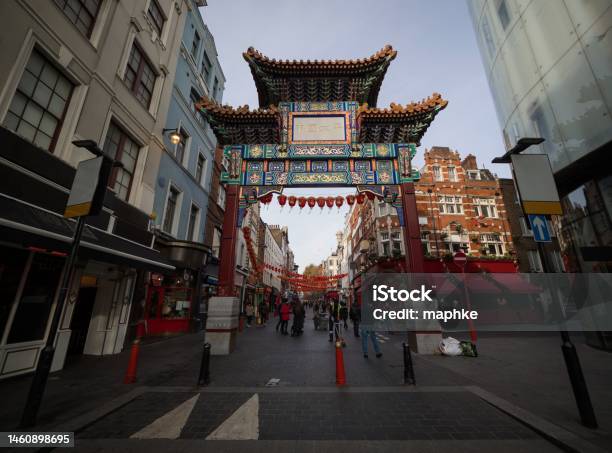 Panorama View Of Traditional Chinese Asian Main Gate In Chinatown London England Great Britain Gb United Kingdom Uk Stock Photo - Download Image Now