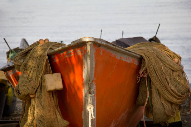 Stromboli, Eolie, Sicilia, Italia: Fishing boat and fishing nets