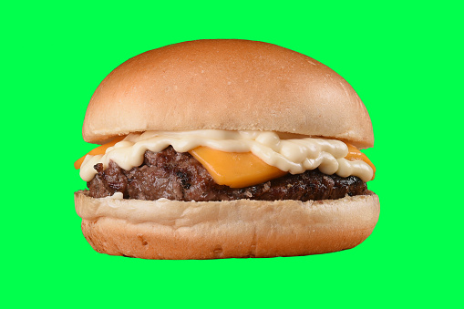 beef burger sandwich bread salad mayonnaise isolated on green background chroma key