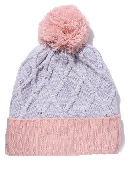 istock Gray-pink knitted hat with a pom-pom 1460900190