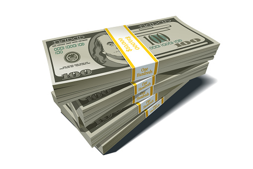 Stack of bank packages of hundreds-dollar bills, bundle of US banknotes, pile of cash, paper money. The concept of financial success and wealth. Vector illustration on white background