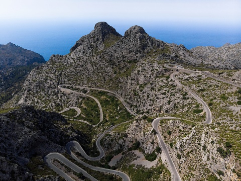 Panorama view of winding curvy mountain road street Sa Corbata Sa Calobra Mallorca Balearic Islands Spain in Europe