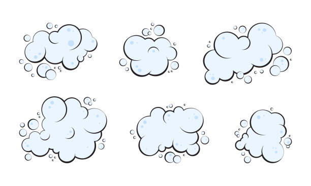 Cartoon foam and soap bubble, smoke pop, blue cloud, gas balloon vector icon, water bubbles set hand drawn, shampoo suds. Fun simple illustration Cartoon foam and soap bubble, smoke pop, blue cloud, gas balloon vector icon, water bubbles set hand drawn, shampoo suds isolated on white background. Fun simple illustration froth decoration stock illustrations