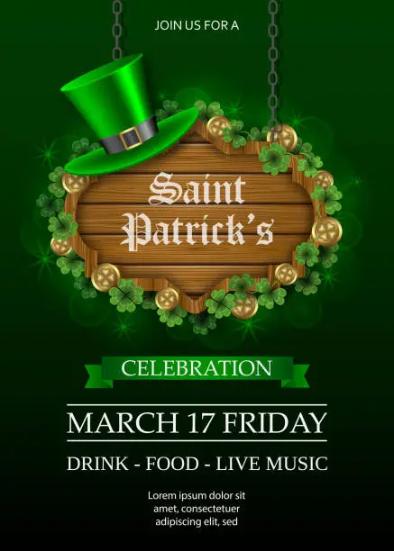 Vector illustration of saint patrick's day poster with wooden signboard and green hat. st. patrick's day flyer with clovers and gold coins