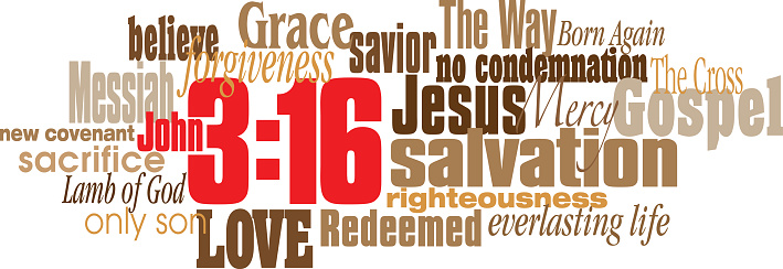 Graphic composition of words and phrases associated with Christian Bible verse John 3:16. Design of this gospel message can be used for church display, religious themes including Easter.