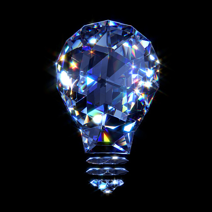 3D Diamond light bulb on black background