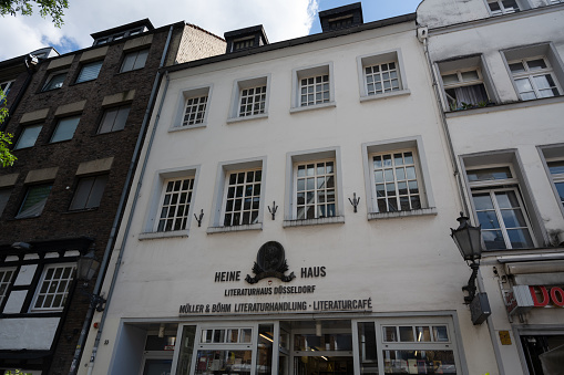 Düsseldorf, Germany - June 28, 2022: The house where poet, writer and journalist Heinrich Heine was born in 1797, which nowadays houses the Heine Haus Literaturhaus Düsseldorf (Heine House Literature House Düsseldorf).