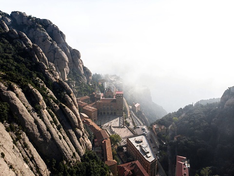 Panorama view of Santa Maria de Montserrat Abbey mountain monastery in Monistrol near Barcelona Catalonia Spain