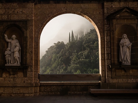 Panorama window architecture view at Santa Maria de Montserrat Abbey monastery in Monistrol Catalonia Spain