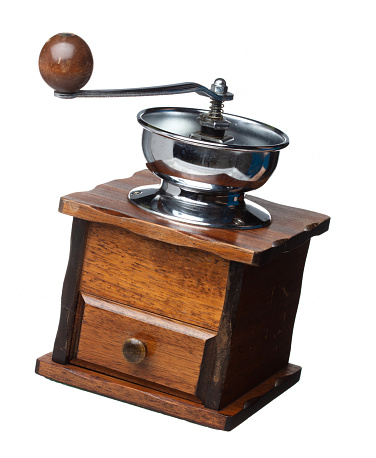 Wooden coffee mill and coffee beans