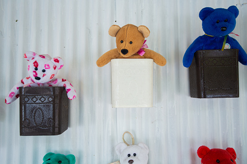 Teddy bear sitting in a small box hang it on the wall for decoration.