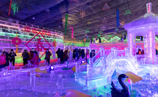 During the Spring Festival, tourists visit the ice sculpture exhibition held in Longqing Gorge, Yanqing, Beijing