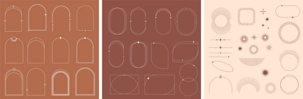 moderní minimalistická estetika lineární rámečky, oblouky, hvězdy a prvky - boho stock ilustrace