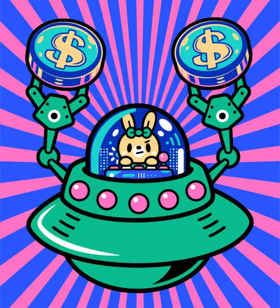 Vector illustration of A cute bunny is piloting an Unlimited Power Spaceship into the metaverse and making money