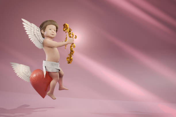 3D Illustration , Cupid sits on the heart . CONCEPT Valentine card, party, design, flyer, poster, decor, banner, web, advertising.