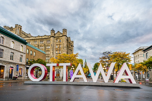 Large Ottawa sign in street at Byward market in Ottawa, Ontario