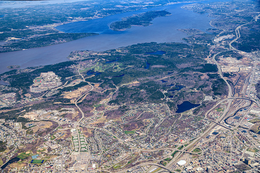 Aerial view of north Saint John, New Brunswick, Canada and Kennebecasis River