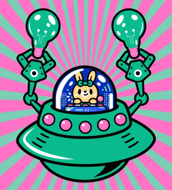 Vector illustration of A cute bunny is piloting an Unlimited Power Spaceship into the metaverse for sustainable business ideas