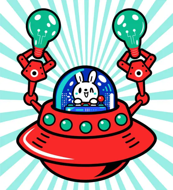 Vector illustration of A cute bunny is piloting an Unlimited Power Spaceship into the metaverse for sustainable business ideas