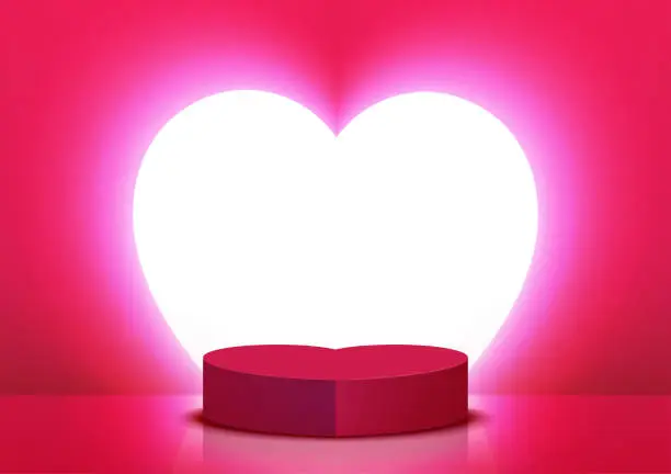 Vector illustration of Valentine's day podium background with heart light and red platform for product display on pink background. Stage pedestal for advertising, sale, and show on Love Day.