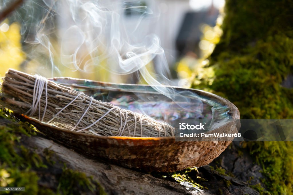 Smoldering White Sage Smudge Stick A close up image of a burning white sage smudge stick and abalone shell resting on a tree branch. Smudge Stick Stock Photo