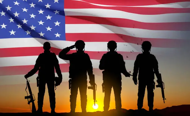 Vector illustration of Silhouette of army soldier with USA flag