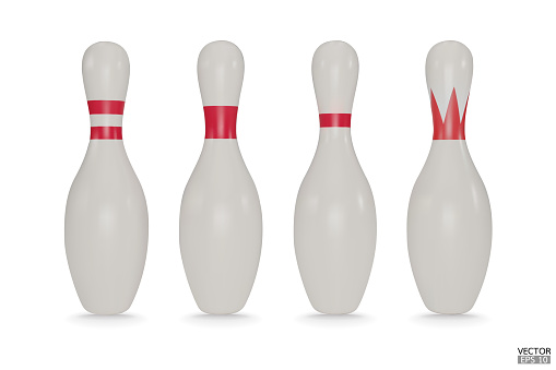 Realistic bowling pins with red stripes isolated on white background. Bowling icon. 3D vector illustration.