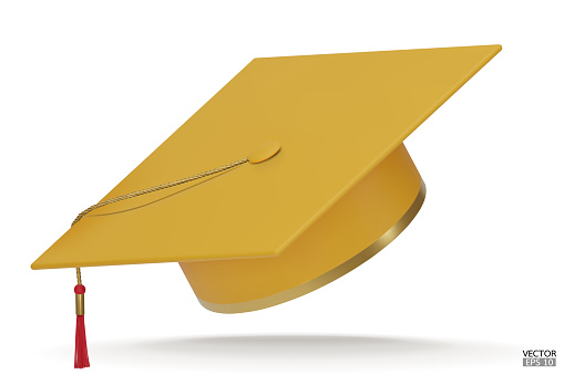 3D realistic Graduation university or college yellow cap isolated on white background. Graduate college, high school, Academic, or university cap. Hat for degree ceremony. 3D vector illustration.