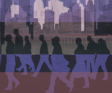commuters walking to work collage illustration