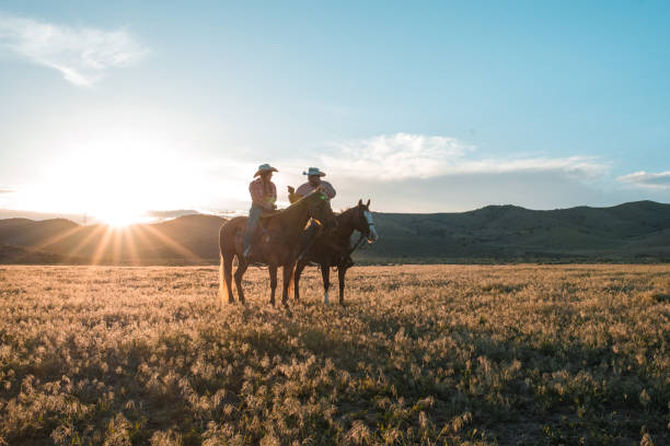 istock Couple Silhouette Relaxing while Riding Horses in the Sunset 1460945403