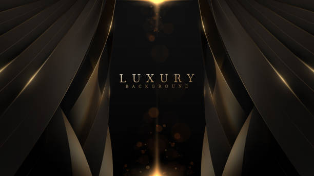 istock Black background with golden curves decorated with glitter and bokeh. 1460948062