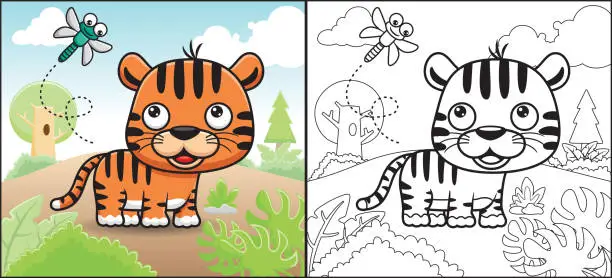 Vector illustration of Coloring book or page of funny tiger cartoon with dragonfly in forest