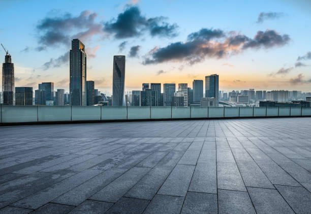 istock Empty floor and city skyline in Ningbo at sunset 1460949317