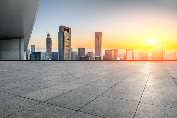 istock Empty floor and city skyline at sunset in Ningbo 1460949325
