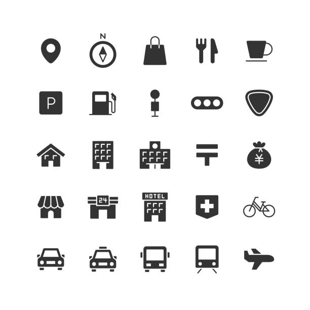sada ikon souvisejících s mapou (černá). - světelné signalizační zařízení silniční signál stock ilustrace