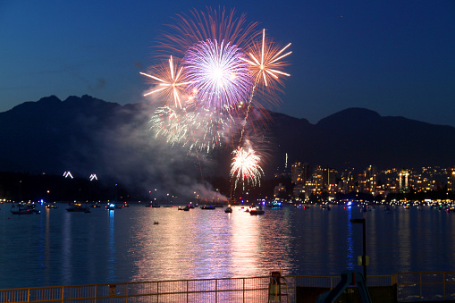 Fireworks in the summer over English Bay in Vancouver, Canada