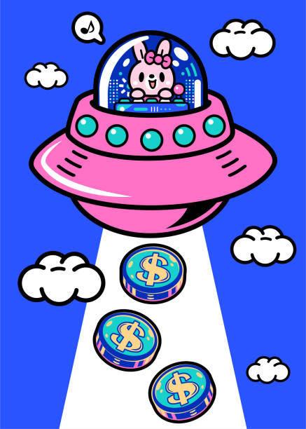 illustrazioni stock, clip art, cartoni animati e icone di tendenza di un simpatico coniglietto sta pilotando un'astronave unlimited power nel metaverso e sta attirando denaro - pilotando