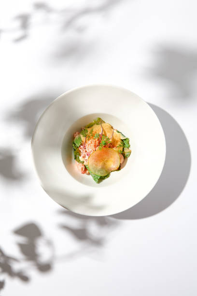 Elegant salad with crab meat, espuma sauce and lettuce on white table with harsh shadows. Green salad with crab and creamy sauce in summer menu. Aesthetic food. Seafood appetizer. Elegant salad with crab meat, espuma sauce and lettuce on white table with harsh shadows. Green salad with crab and creamy sauce in summer menu. Aesthetic food. Seafood appetizer white restaurant dishes stock pictures, royalty-free photos & images
