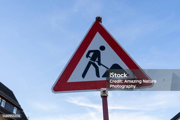 Triangular Construction Sign Triangular Construction Site Sign With Blue Evening Sky Stock Photo ...